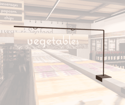 Natural Collection's aisle outrigger with wood background on t-bracket to be mounted on spine of aisle shelves or gondolas.