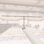 Natural Collection's aisle outrigger with wood background on t-bracket to be mounted on spine of aisle shelves or gondolas.