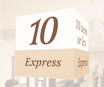 Traditional Collection's checkstand cube for the Express Lane made of white acrylic with digitally printed brown vinyl.