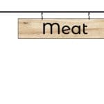 Modern Collection's aisle outrigger with wood background on L-bracket to be mounted on spine of aisle shelves or gondolas.
