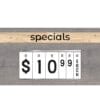 Modern Collection's hanging promotional sign with promo and header inserts on one side of the sign. Inserts sold separately.)