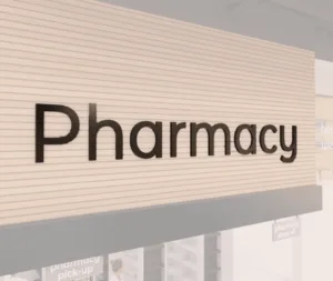 Modern collection wall copy dimensional letters for pharmacy department wayfinding. Aluminum face and finished edges.