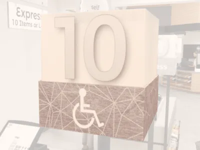 Checkstand light cube for the ADA from Shop2It Retail's Modern Collection in white acrylic with a media wrap and a metal laminate number.