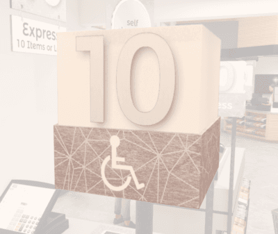 Checkstand light cube for the ADA from Shop2It Retail's Modern Collection in white acrylic with a media wrap and a metal laminate number.