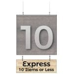 Modern Collection's double sided hanging checkstand sign for the Express Lane that is digitally printed on vinyl-wrapped wood