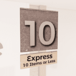 Modern Collection's double sided checkstand Express Lane sign with digital printed vinyl-wrapped wood background and edges.