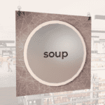Modern Collection's singled sided large department sign with digitally printed text "soup" centered on a circular overlay