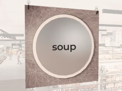 Modern Collection's singled sided large department sign with digitally printed text "soup" centered on a circular overlay