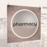Modern Collection's singled sided large department sign with digitally printed text "pharmacy" centered on a circular overlay