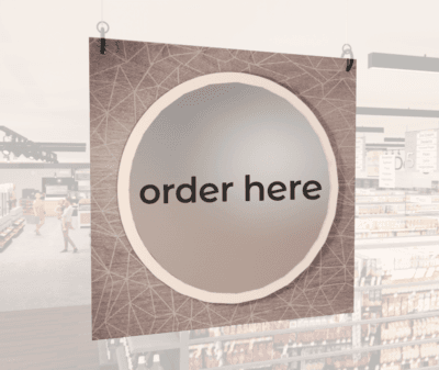 Modern Collection's single sided large dept. sign with digitally printed text "order here" centered on a circular overlay.