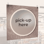 Modern Collection's single sided large dept. sign with digitally printed text "pick-up here" centered on a circular overlay.