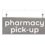 Modern Collection's single sided department sign with text "pharmacy pick-up" that is 8" tall by 20" wide and a finished back