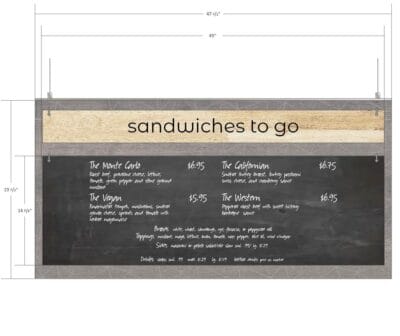Modern Collection's menu board chalkboard is overall 23.5" tall by 47.5" wide and the chalkboard is 14.37" tall by 45" wide.