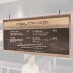 Modern Collection's hanging menu board sign with custom header and chalkboard. Chalkboard is removable for easy updating.