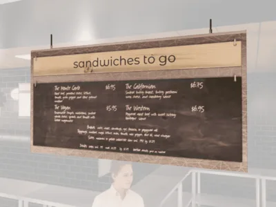 Modern Collection's hanging menu board sign with custom header and chalkboard. Chalkboard is removable for easy updating.