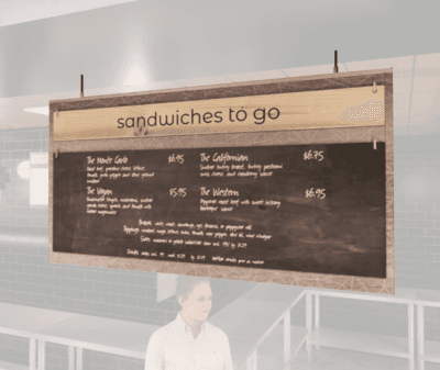 Modern Collection's hanging menu board sign with custom header and chalkboard. Chalkboard is removable for easy updating.