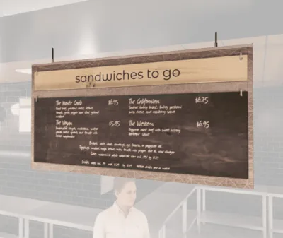 Modern Collection's hanging menu board sign with custom header and chalkboard. Chalkboard is removable for easy updating.