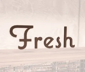 Natural collection wall copy dimensional letters for Fresh food department wayfinding. Brown painted finish on face and sides