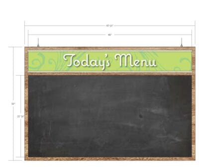 Natural Collection's hanging menu board sign with chalkboard insert that measures 32" tall by 47.5" wide with green header.