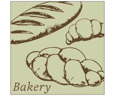 Traditional Collection's wayfinding dept sign with a pale sage face and brown text that reads "Bakery," and illustrated loaves