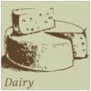 Traditional Collection's wayfinding dept sign with a pale sage face and brown text that reads "Dairy," and illustrated cheese