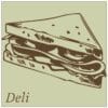 Traditional Collection's deptartment sign with a pale sage face and brown text that reads "Deli," and an illustrated sandwich