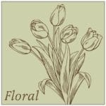 Traditional Collection's deptartment sign with a pale sage face and brown text that reads "Floral," and illustrated flowers.