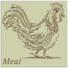 Traditional Collection's deptartment sign with a pale sage face and brown text that reads "Meat," & an illustrated chicken.