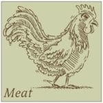 Traditional Collection's deptartment sign with a pale sage face and brown text that reads "Meat," & an illustrated chicken.