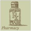 Traditional Collection's dept sign with a pale sage face and brown text that reads "Pharmacy," & an illustrated pill bottle.