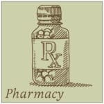 Traditional Collection's dept sign with a pale sage face and brown text that reads "Pharmacy," & an illustrated pill bottle.