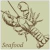 Traditional Collection's deptartment sign with a pale sage face and brown text that reads "Seafood," & an illustrated lobster