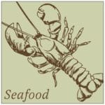 Traditional Collection's deptartment sign with a pale sage face and brown text that reads "Seafood," & an illustrated lobster