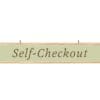 Traditional Collection's wayfinding hanging self-checkout sign has printed woodgrain border ans sage green background.