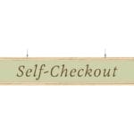 Traditional Collection's wayfinding hanging self-checkout sign has printed woodgrain border ans sage green background.