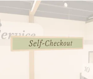 Traditional Collection's wayfinding hanging self -checkout sign for "Self-Checkout Lane," digitially printed on 6 mil PVC.