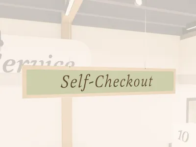 Traditional Collection's wayfinding hanging self -checkout sign for "Self-Checkout Lane," digitially printed on 6 mil PVC.