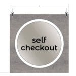 Modern Collection's hanging self check out sign that is 30" tall by 30" wide.The text and laminate circle are on both sides.