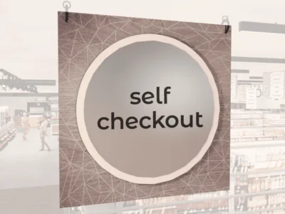 Modern Collection's hanging self-checkout section wayfinding sign with a centered circular overlay & black dimensional text.