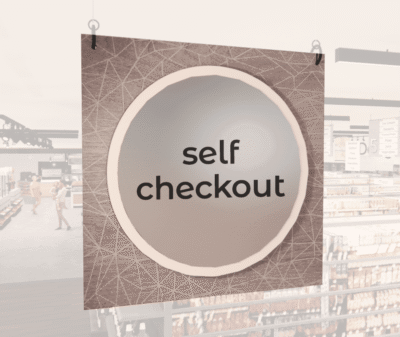 Modern Collection's hanging self-checkout section wayfinding sign with a centered circular overlay & black dimensional text.