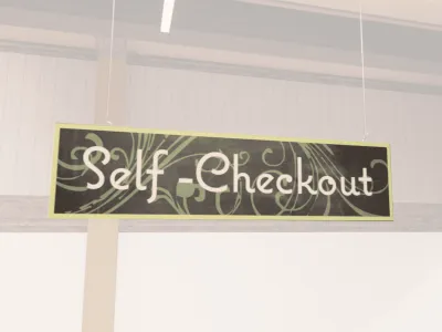 Natural Collection's hanging self-checkout section wayfinding sign that is digitally printed on 6 millimeter PVC.