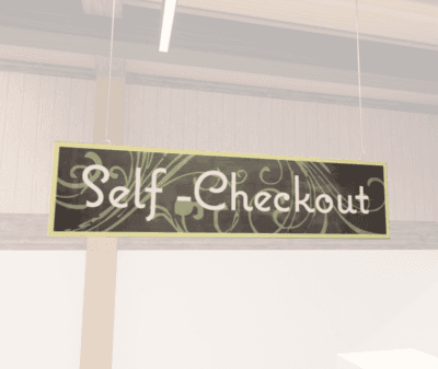 Natural Collection's hanging self-checkout section wayfinding sign that is digitally printed on 6 millimeter PVC.