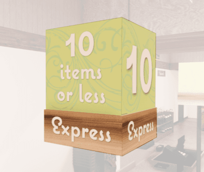 Checkstand light cube for the express lane from Shop2It Retail's Natural Collection. The cube is white acrylic with a green media wrap and wood look base.