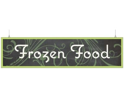 Natural Collection's large 9" tall by 36" wide hanging department sign with text "Frozen Food" for Frozen Dept wayfinding.