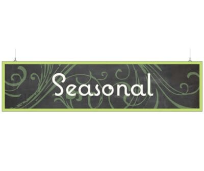 Natural Collection's large 9" tall by 36" wide hanging department sign with text "Seasonal" for Promotional Dept Wayfinding.