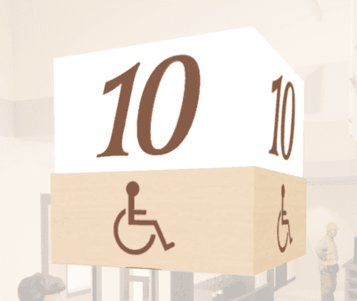 Traditional Collection's checkstand cube for ADA lane in white acylic with digitally printed brown vinyl media numbers.
