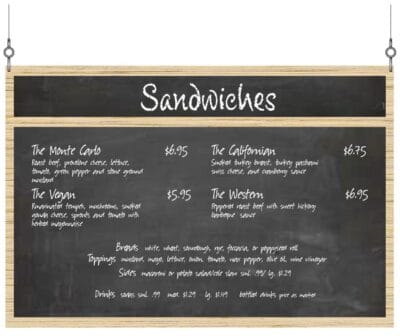 Traditional Collection's single sided Menu Chalkboard hanging sign with removeable chalkboard inserts for easy updating.