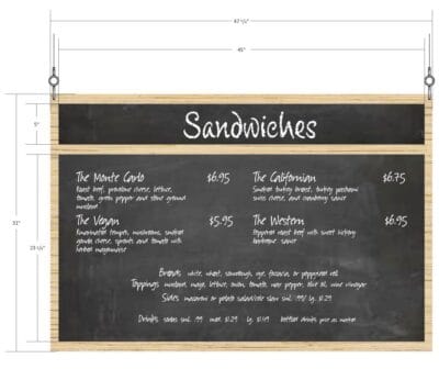 Traditional Collection's Menu Board Chalkboard with overall dimensions 31" tall by 47.5" wide & J-tracks hold menu inserts.