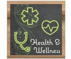 Natural Collection's square wall-mounted graphic with text "Health & Wellness" and pharmacy icons for department wayfinding