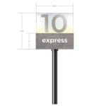 Modern Collection's checkstand cube is 11.5" tall by 11.5" wide with a 5" base with the text "Express," on all four sides.